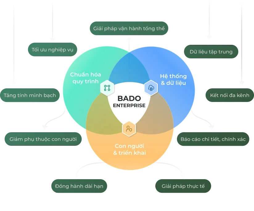 Sơ đồ giải pháp Bado Enterprise - Chuẩn hóa quy trình, Hệ thống dữ liệu, Con người & triển khai